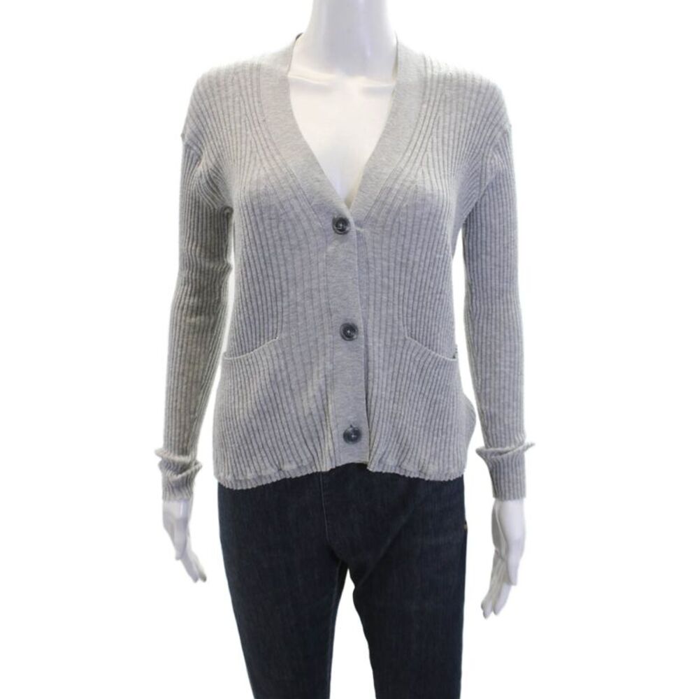 Skin Womens Cotton Long Sleeve Ribbed V Neck Button Down Cardigan Gray Size XS